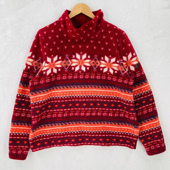 LL Bean Fleece Sweater Womens XL Cozy Cottage Funnel Neck Fair Isle Pullover Red - Picture 1 of 14